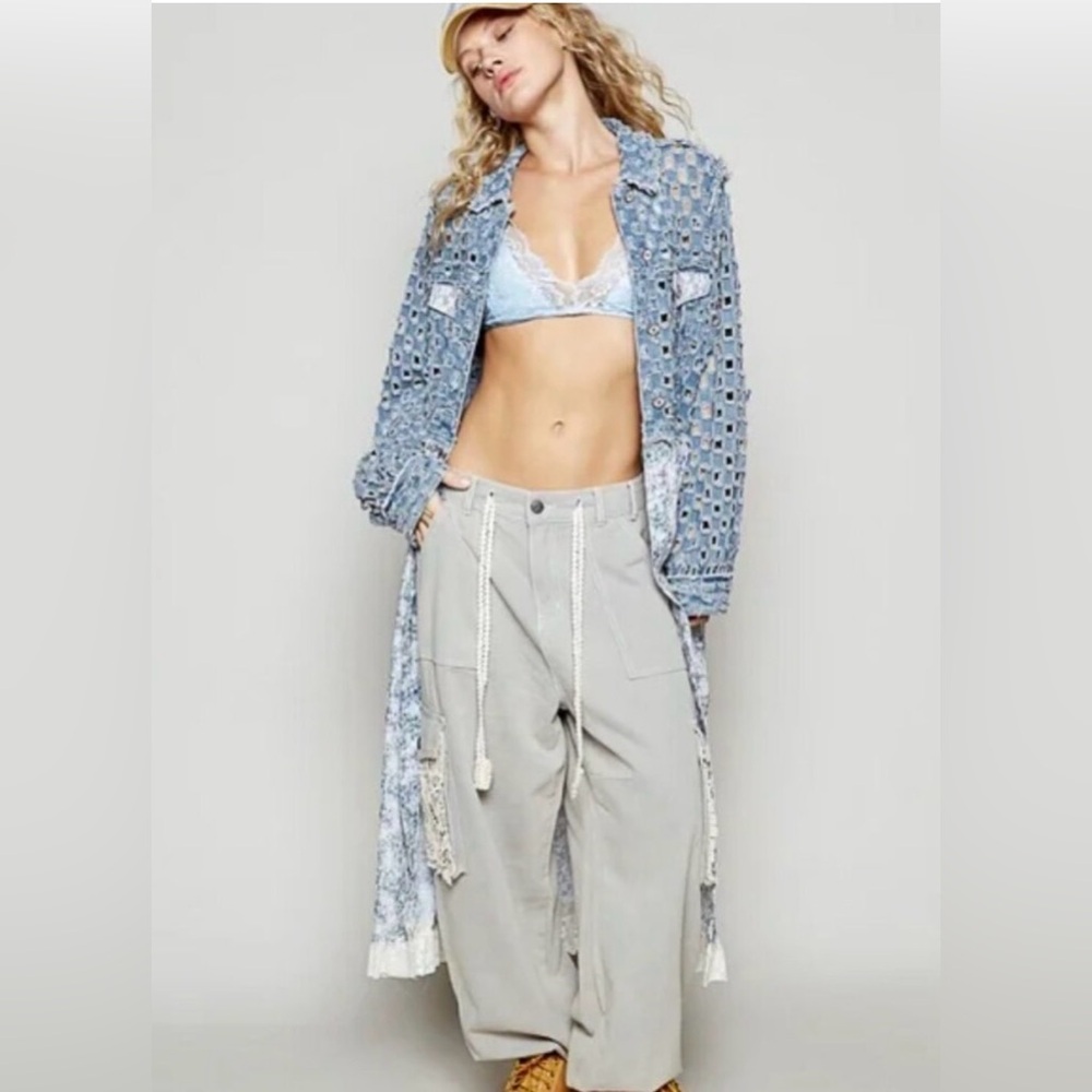 POL “ Boho Patch Duster “ Shacket Cardigan Coat | Denim - Picture 4 of 6